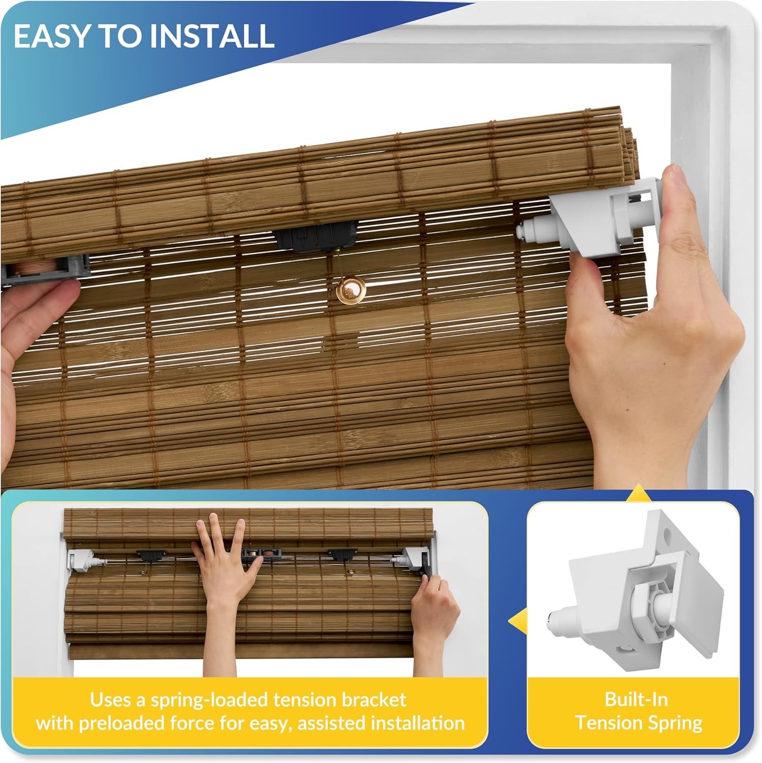 No Drill No Tools Bamboo Roman Shades, Cordless Light Filtering Window Blinds…