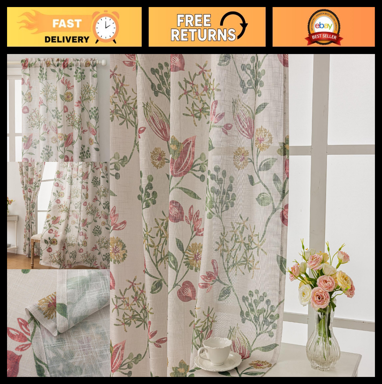 Floral Semi-Sheer Curtains 84″ Long – Textured Green Jacobean Pattern, 2 Panels,