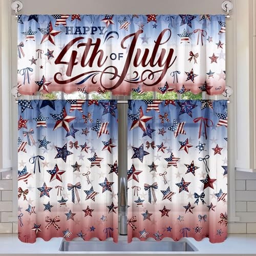3 Pcs 4th of July Patriotic Kitchen Curtains Valances and Tiers Set for