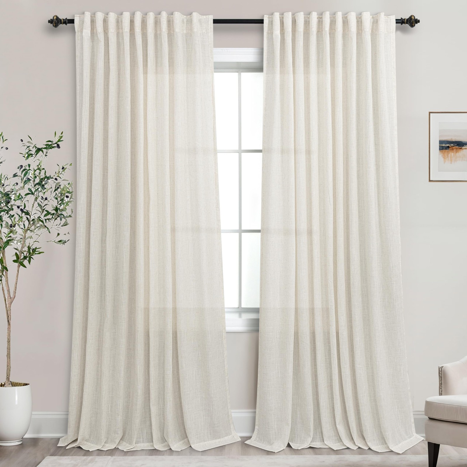 Mrs.Naturall Cream 72×108″ Back Tab Linen Blend Sheer Curtains