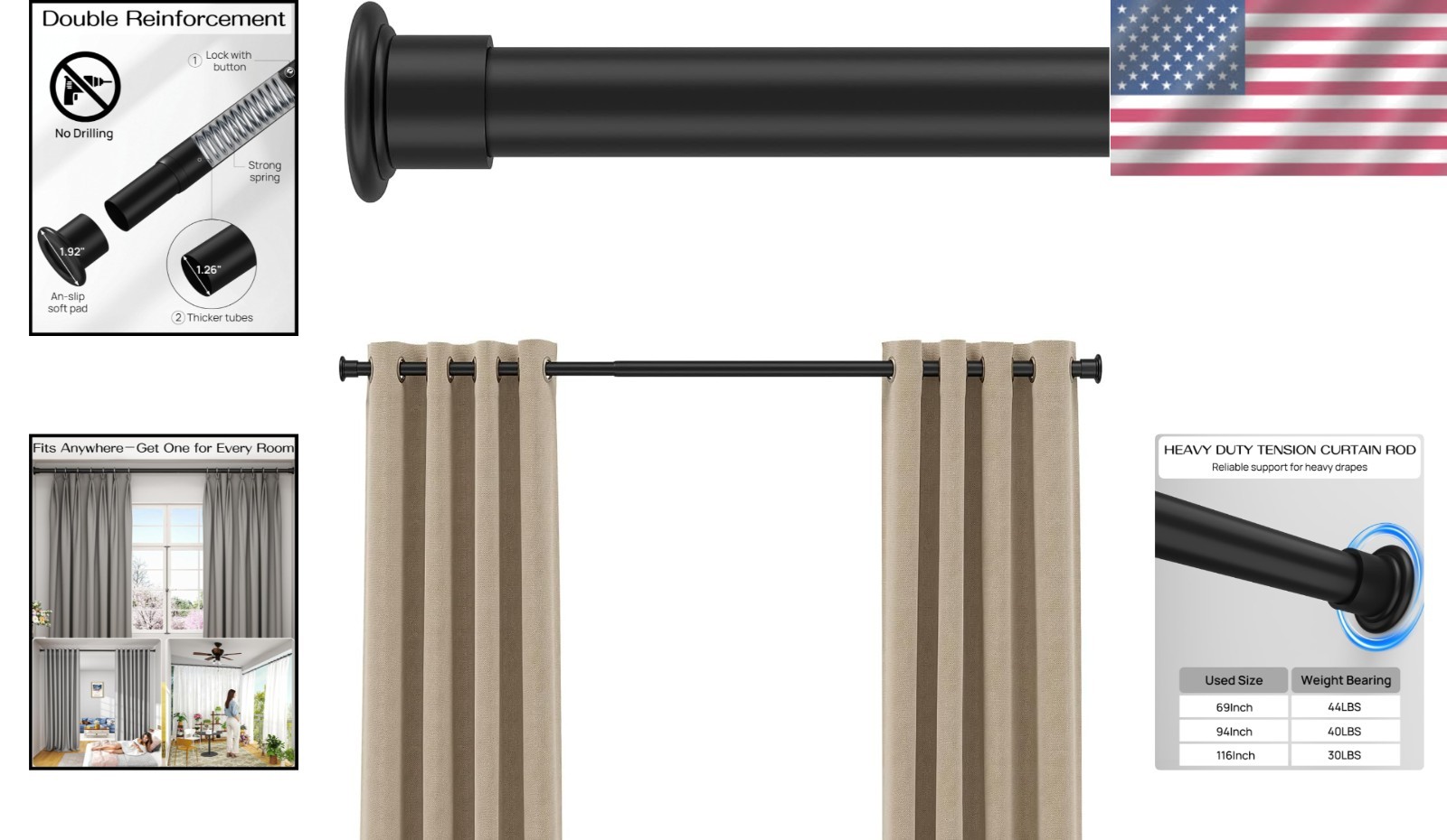 Adjustable Tension Curtain Rod – 42-123 Inches