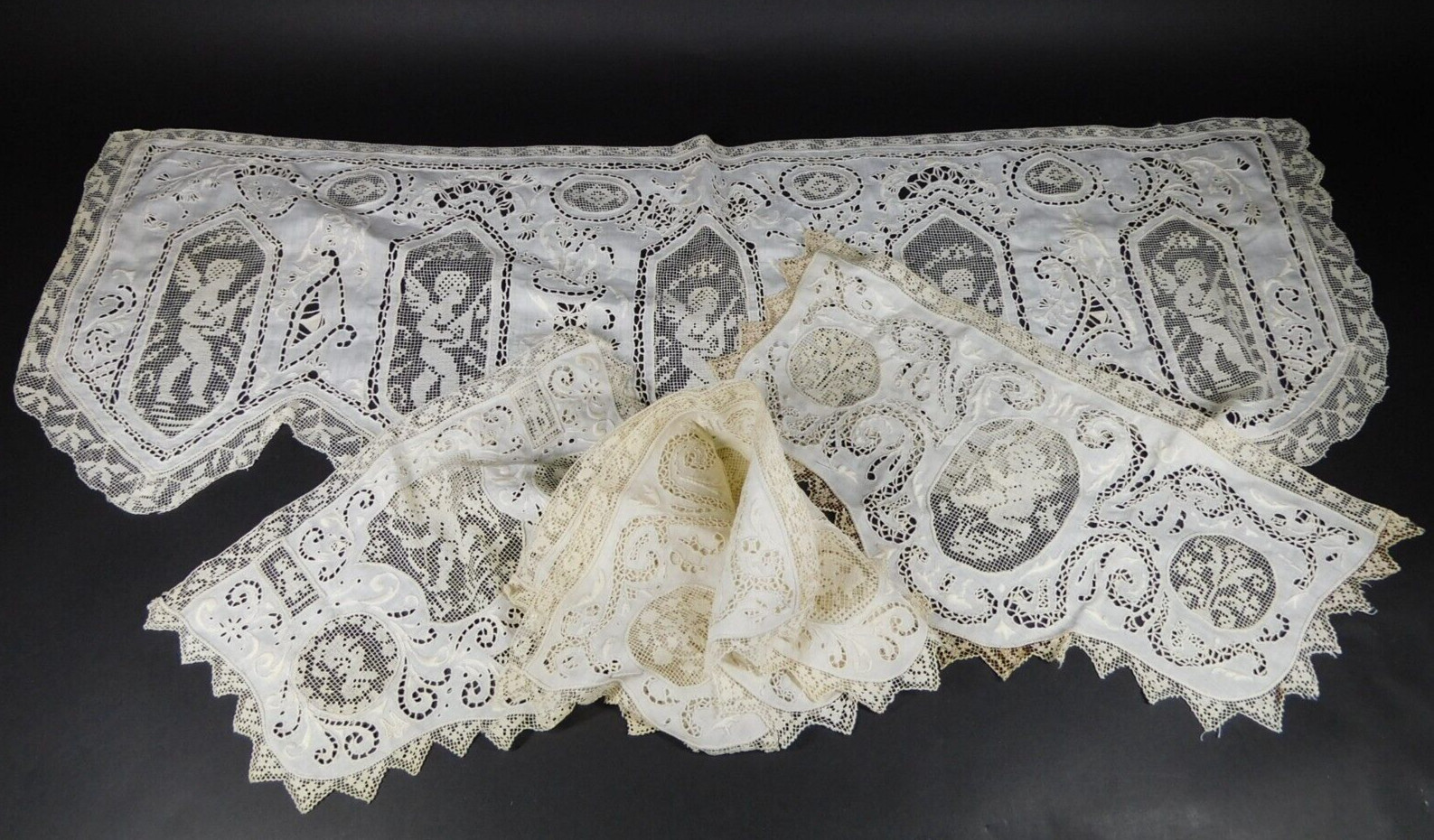 Vintage Lace Cut Work & Tatting Cherub Valance 41″ W + 5 Smaller Cherub Valances