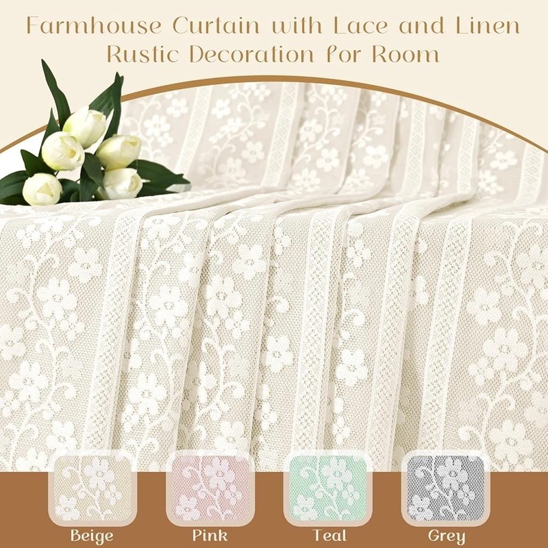 Double Layered Lace Linen Kitchen Curtains Light Filtering Window Treatment Set