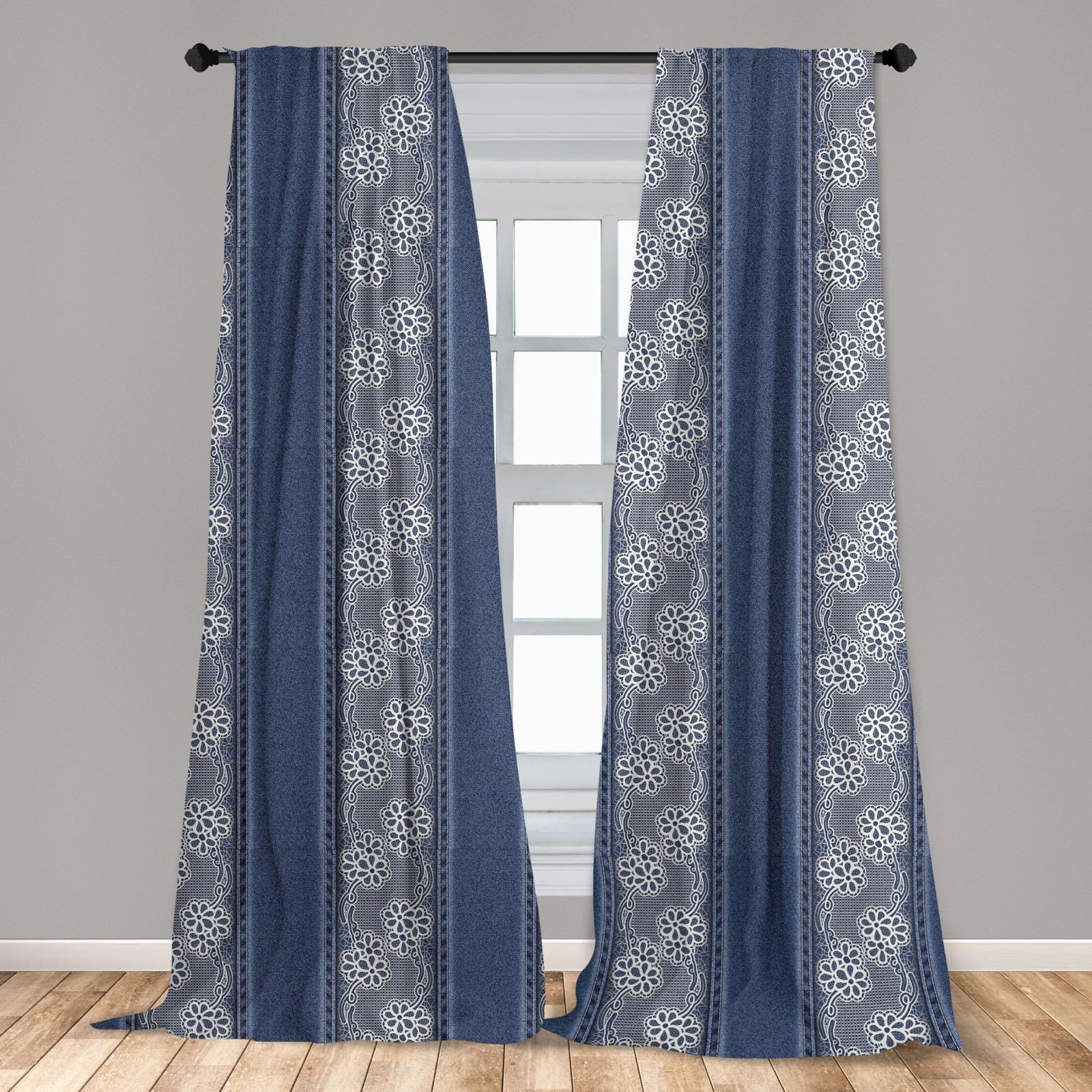 Floral Curtains, Jeans Background Plain Flower Motifs Pattern Denim Themed Di…
