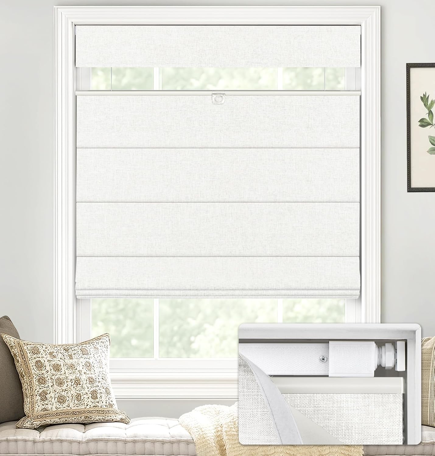 No Drill TDBU Roman Shades, Blackout – White, 35″ W x 64″ H | No Tools Down