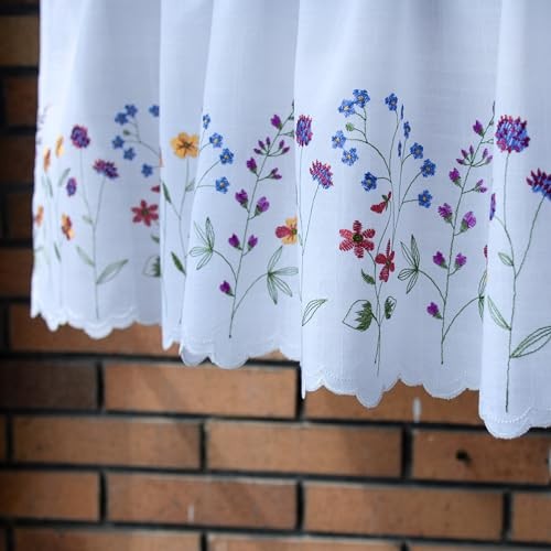 PKT Floral Embroidery Curtain Valance, White Elegant 50″W x 16″L (Pack of 1)