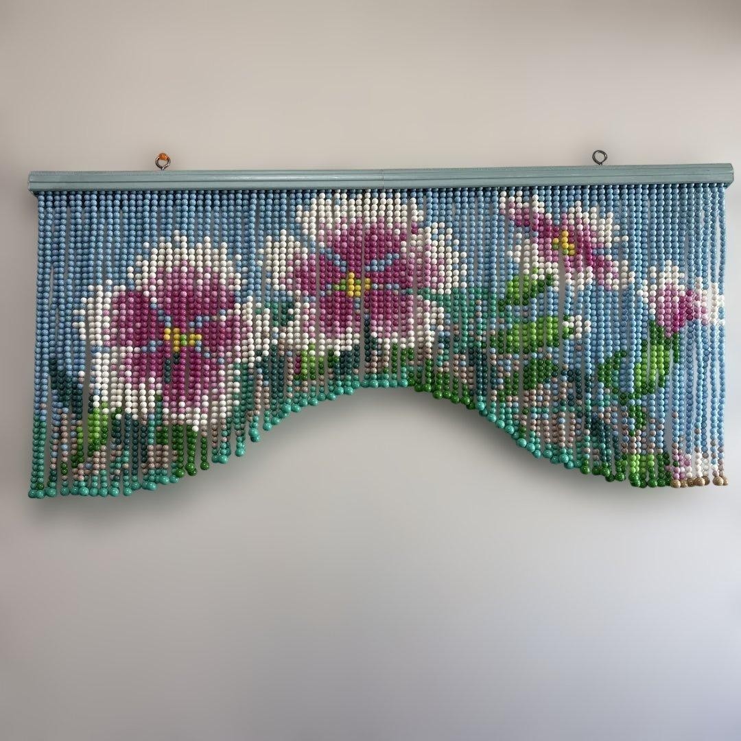 Vintage Japanese Beaded Noren Curtain Pansy Flower Showa Retro Short Room Divide