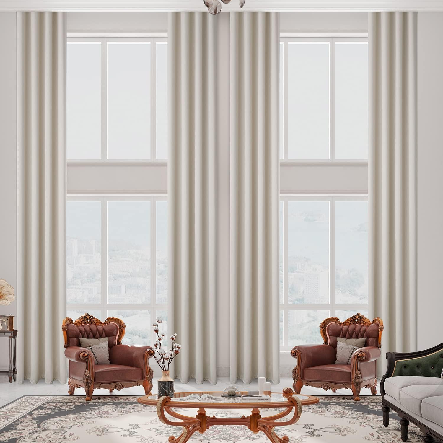 Ivory Faux Linen Extra Long Blackout Curtains 52×216 Inch for High Ceilings