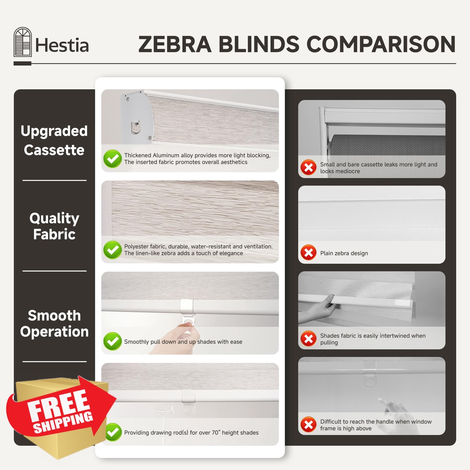 HESTIA Cordless Light Filtering Zebra Blinds, Cream, 37″ W x 72″ H | Adjustab…