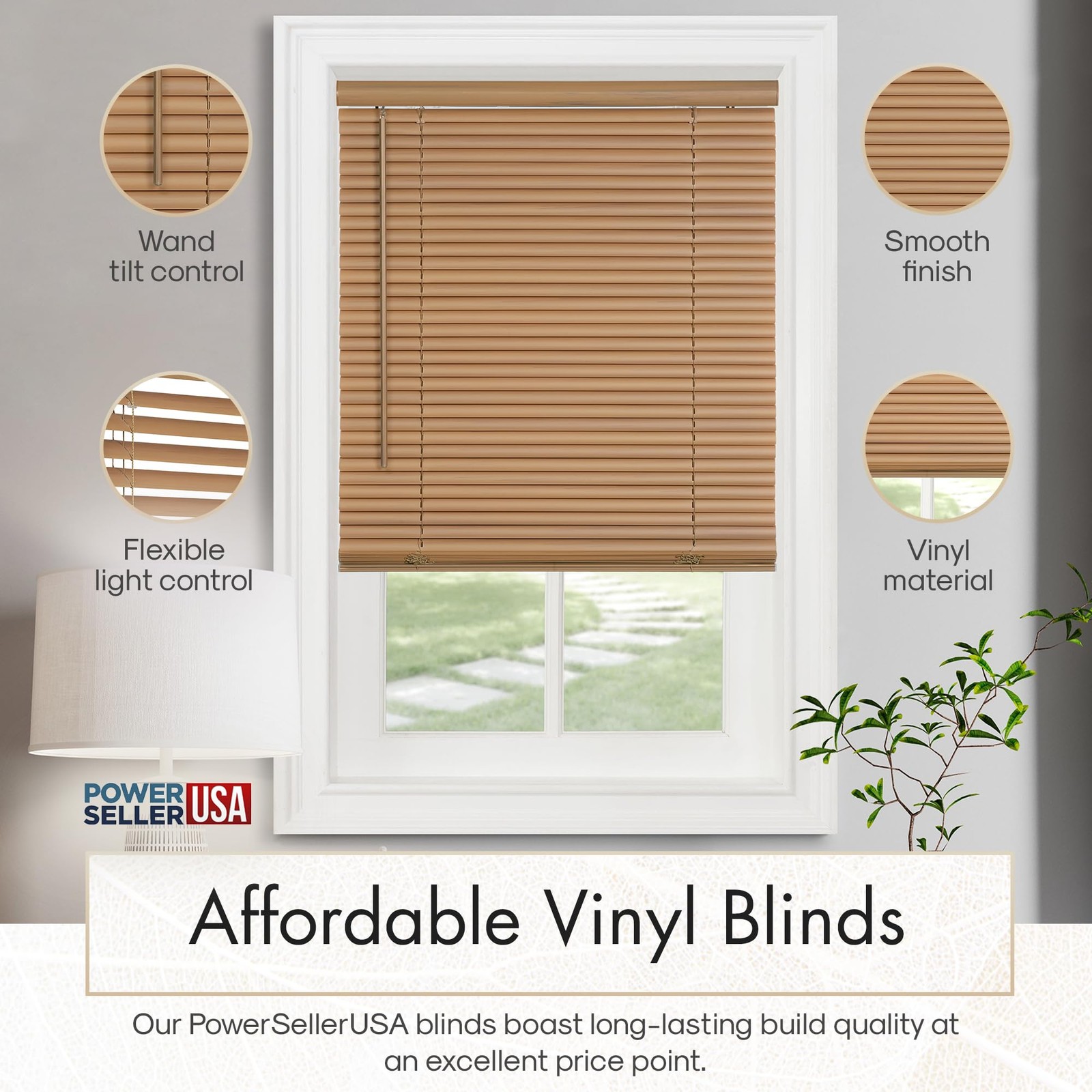 PowerSellerUSA 1″ Slats Cordless Window Blinds, 64L x 35″W x 64″H, Woodtone