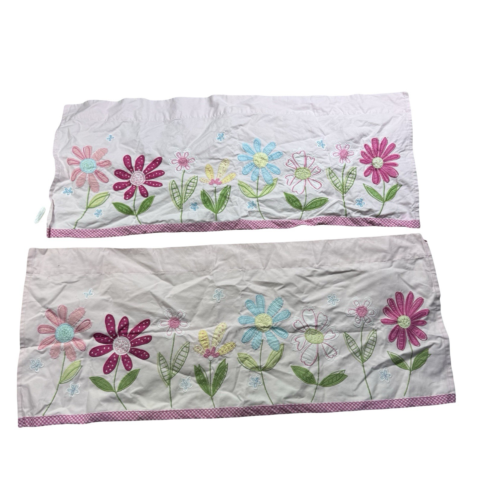 POTTERY BARN KIDS Pink DAISY GARDEN Flower Embroidery Gingham Curtain Valances