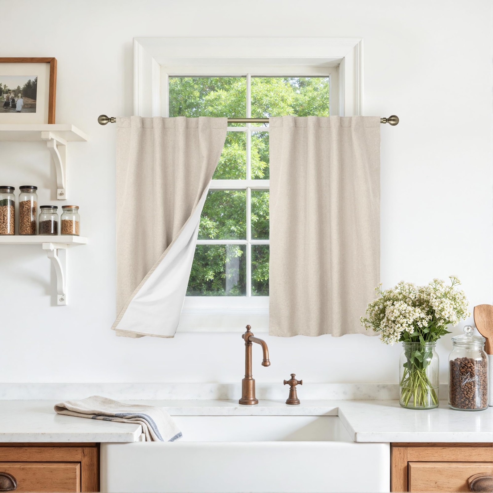 100% Blackout Linen Kitchen Curtains, 36″ Back Tab Rod Pocket Drapes, 2 Panels,