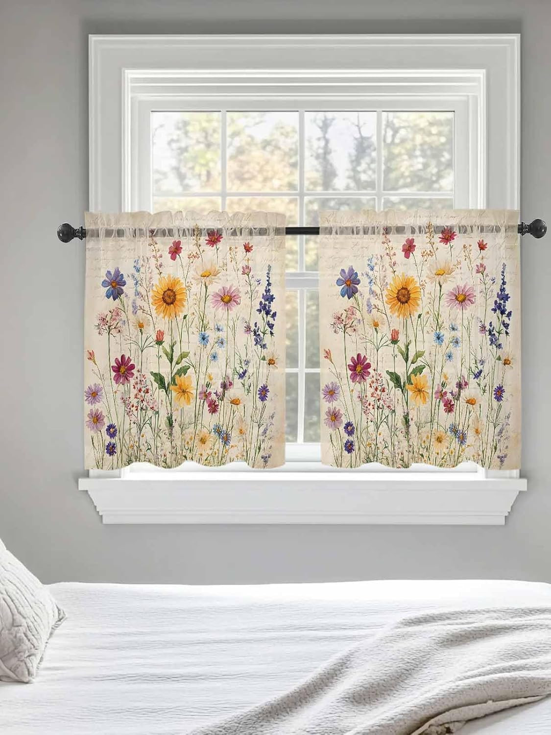 Botanical Floral Sheer Curtains for Bedroom Living Room Window Tier Curtain 36 I