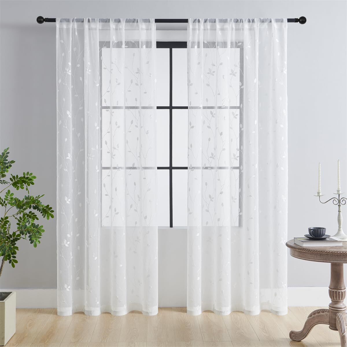 2 Panels Leaf Embroidered Sheer Curtains, Voile Rod Pocket Textured Drapes