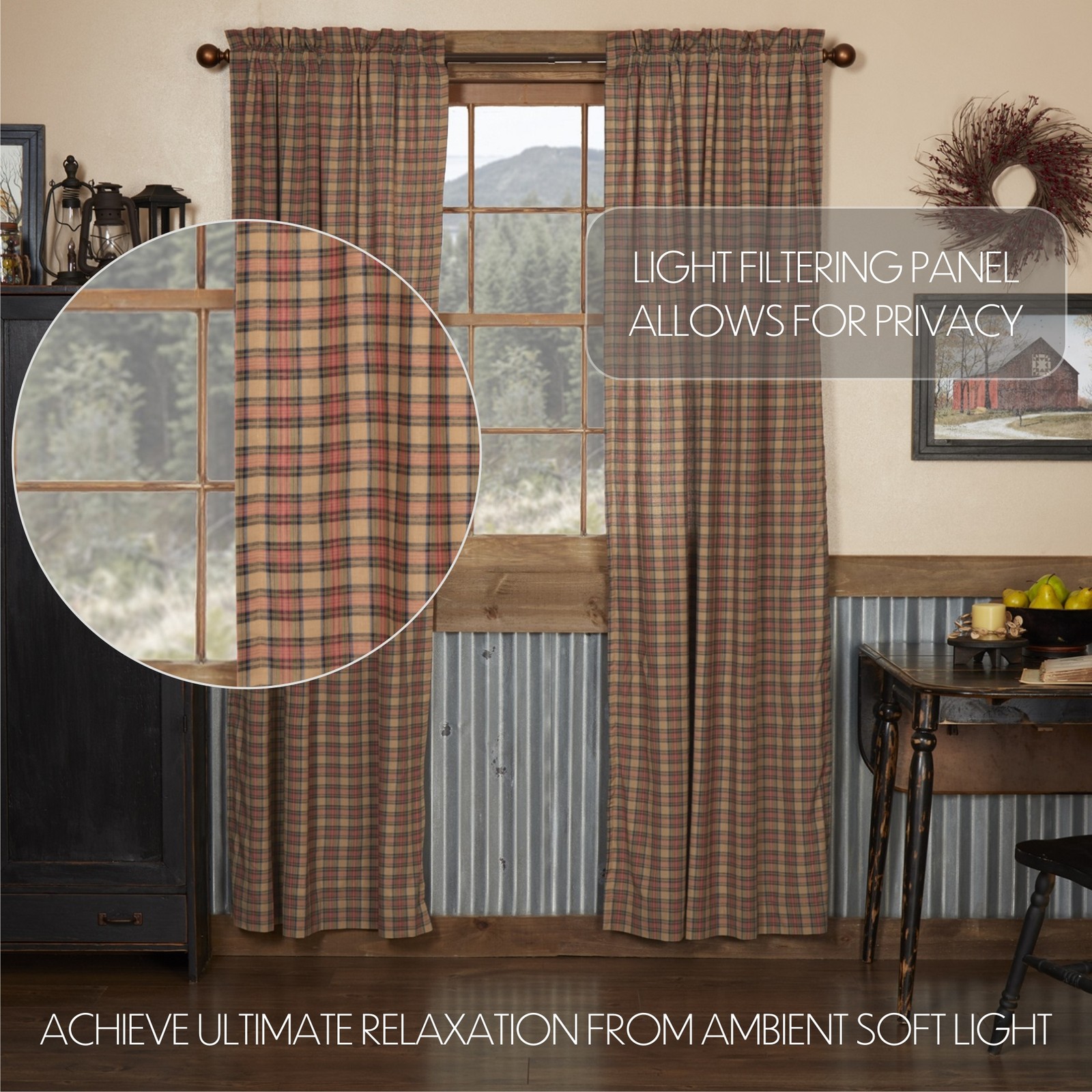 Rustic 84″x40″ Panel Pair Tan Rod Pocket Crosswoods Window Curtains VHC Brands
