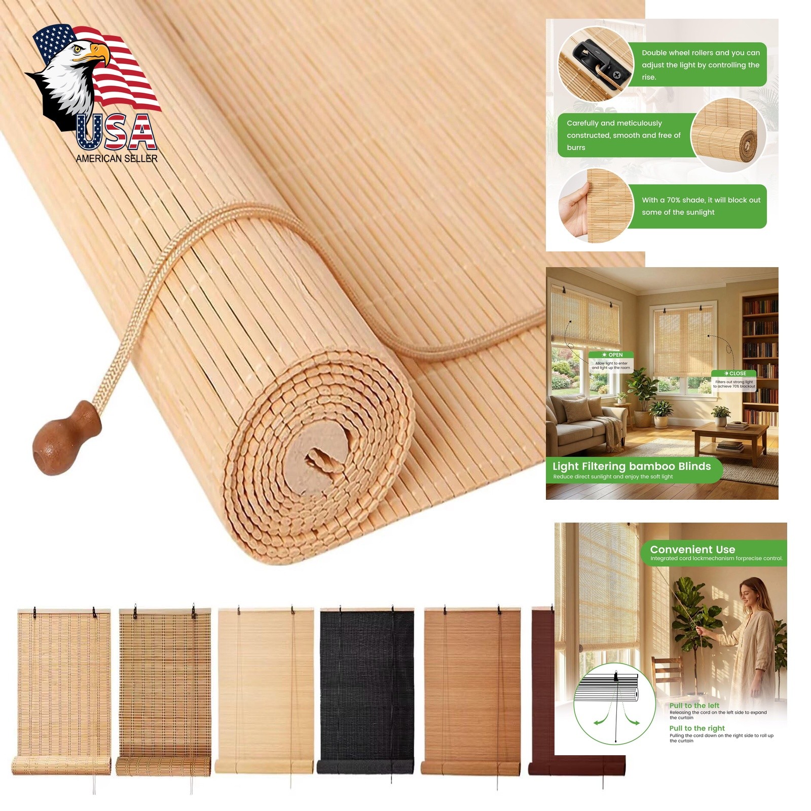 BAYUE Bamboo Blinds Natural 28×72 Roller Shades