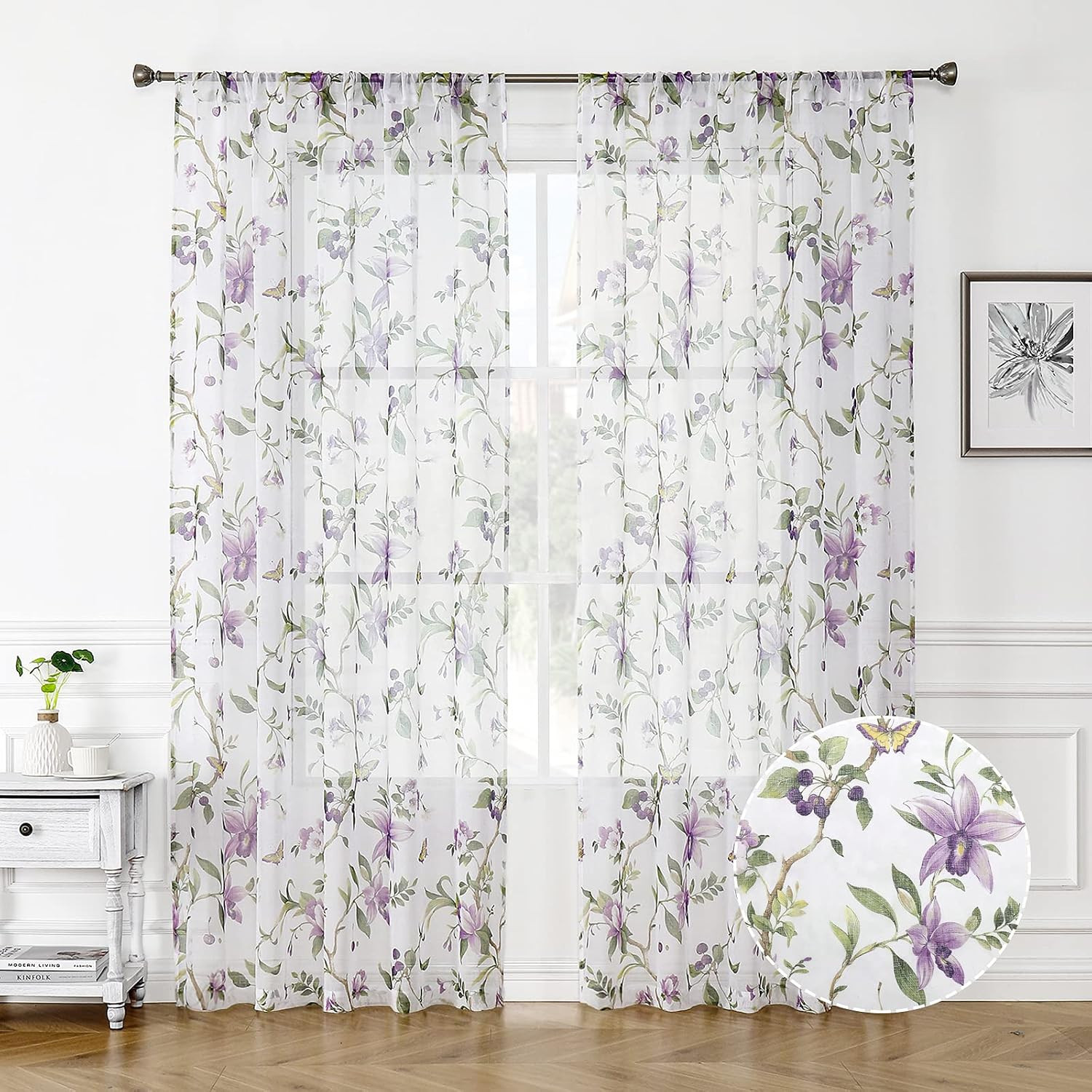 Floral Sheer Curtain Purple Cherry Flower Butterfly Print Living Room Curtains R