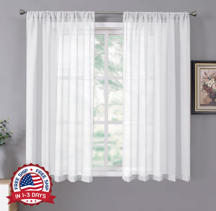 White Short Sheer Curtains 54×45 Linen Look Rod Pocket Drapes 2 Panels Set