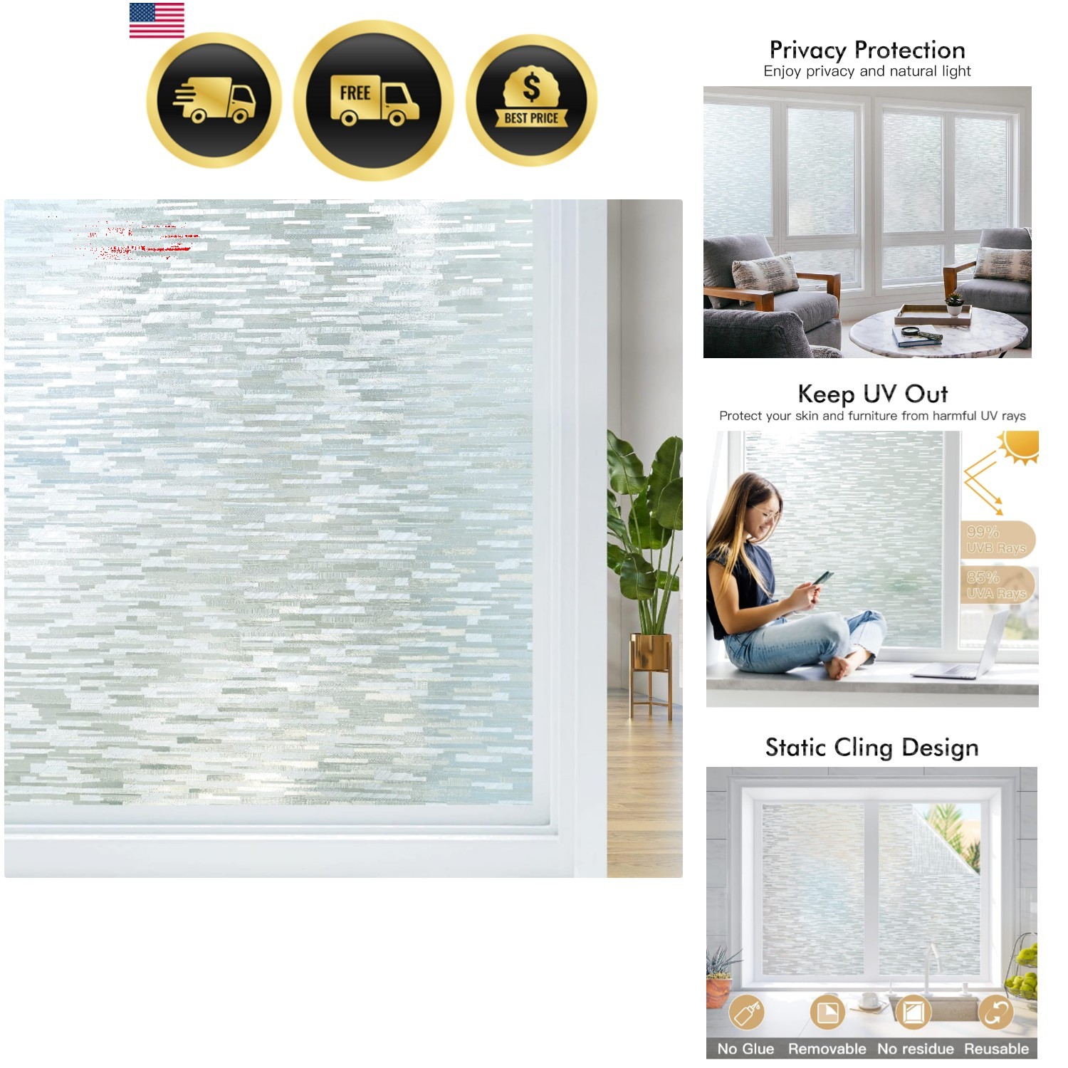 Window Privacy Film, Frosted Glass Film, Sun Blocking Static Cling for Bathro…