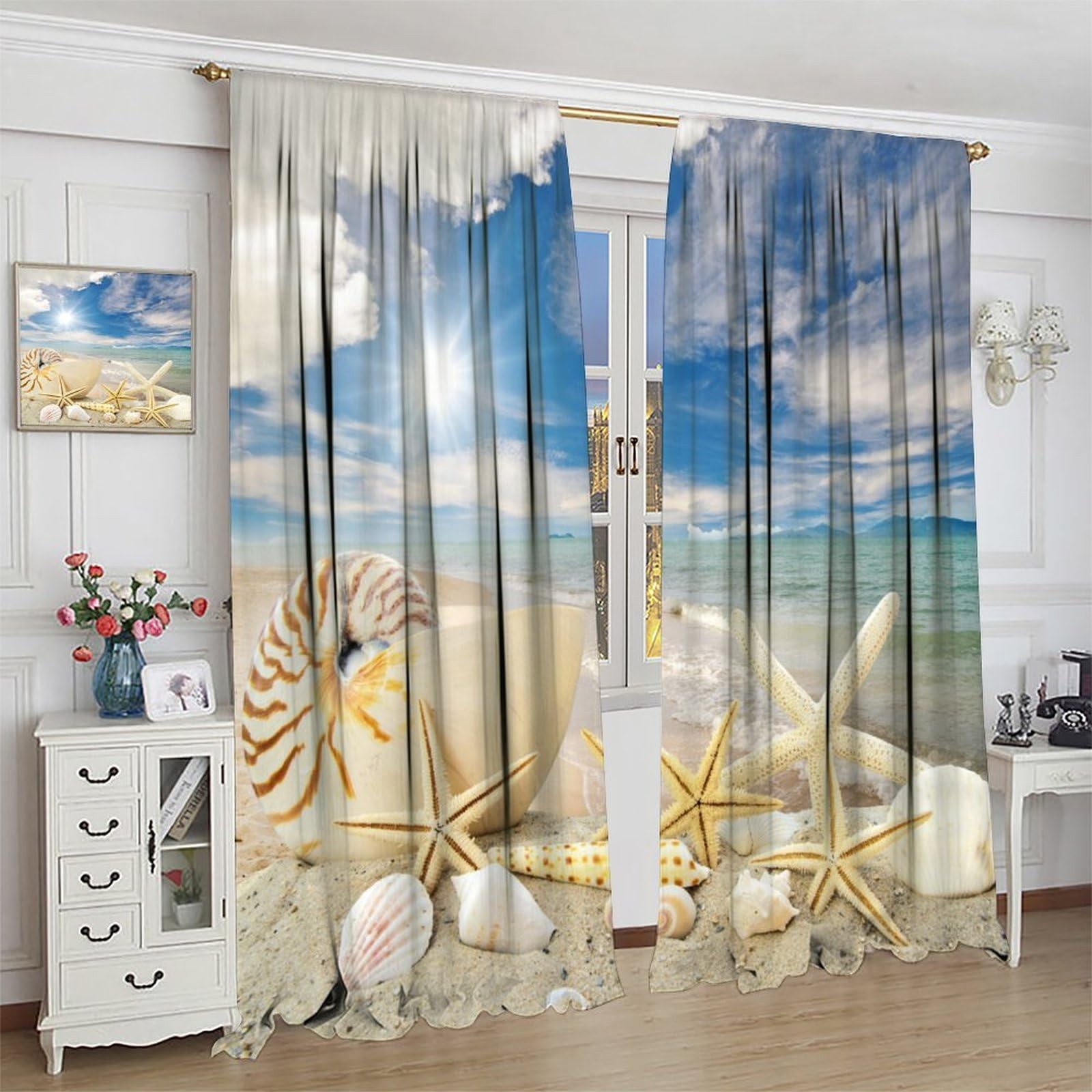 Summer Beach Window Curtain, Starfish Shells Holiday Seaside Print Curtain fo…