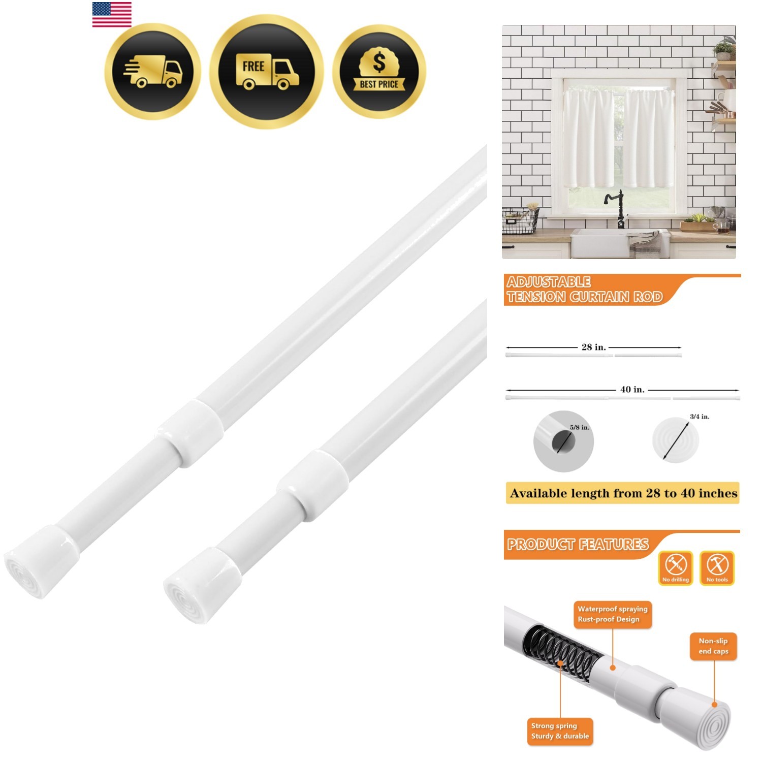2 Pcs Spring Tension Curtain Rod Adjustable 28 to 40 Inches, 5/8″ Diameter, W…