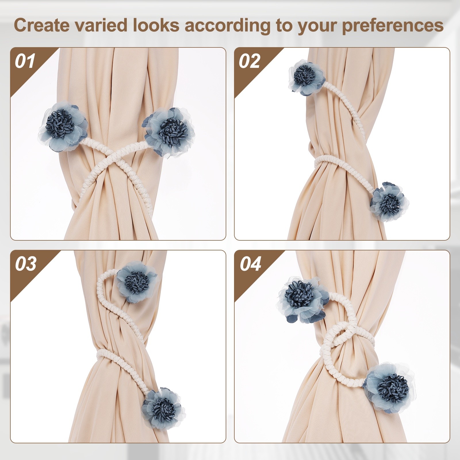 2Pcs Flower Curtain Tiebacks, 2 Flower 45cm Twist Holdbacks Clip, Pink