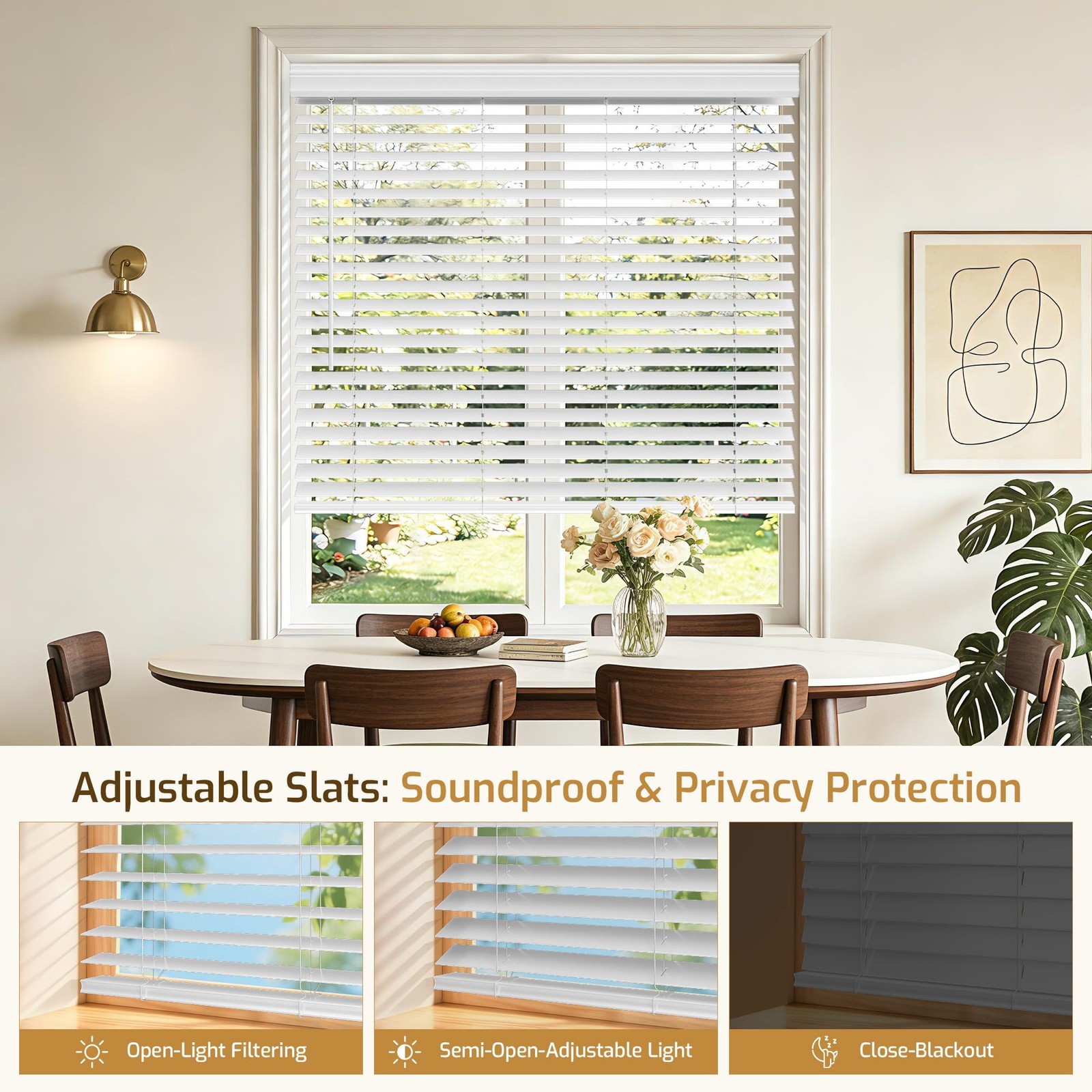 Faux Wood Blinds Cordless,2″ Horizontal Blinds with Iron Valance PVC Room Dar…