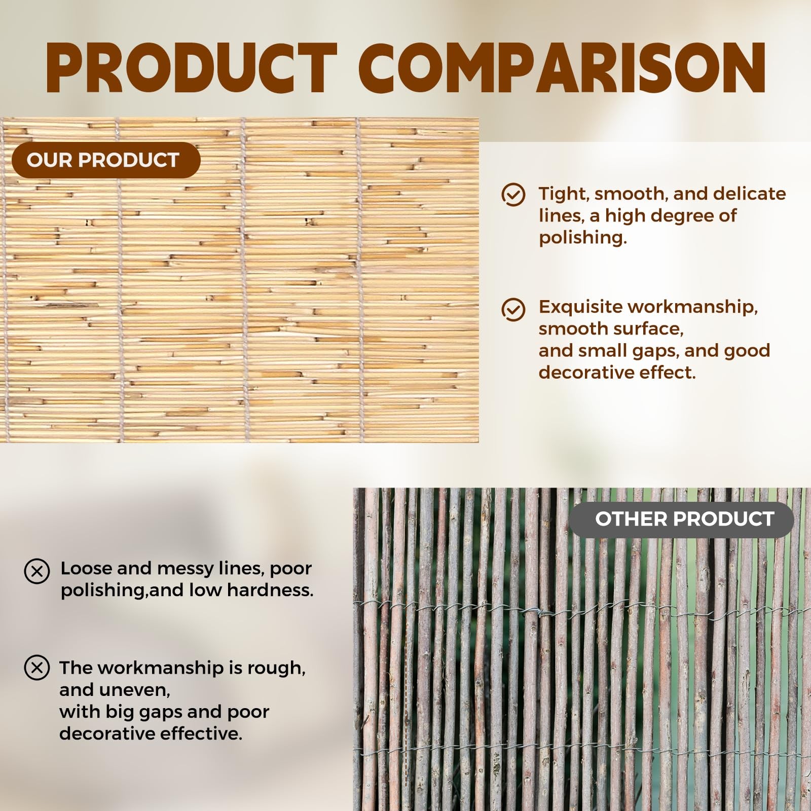 Reed Roller Blinds – Waterproof, Breathable, Easy Install, 72″x72″ Sun Shade