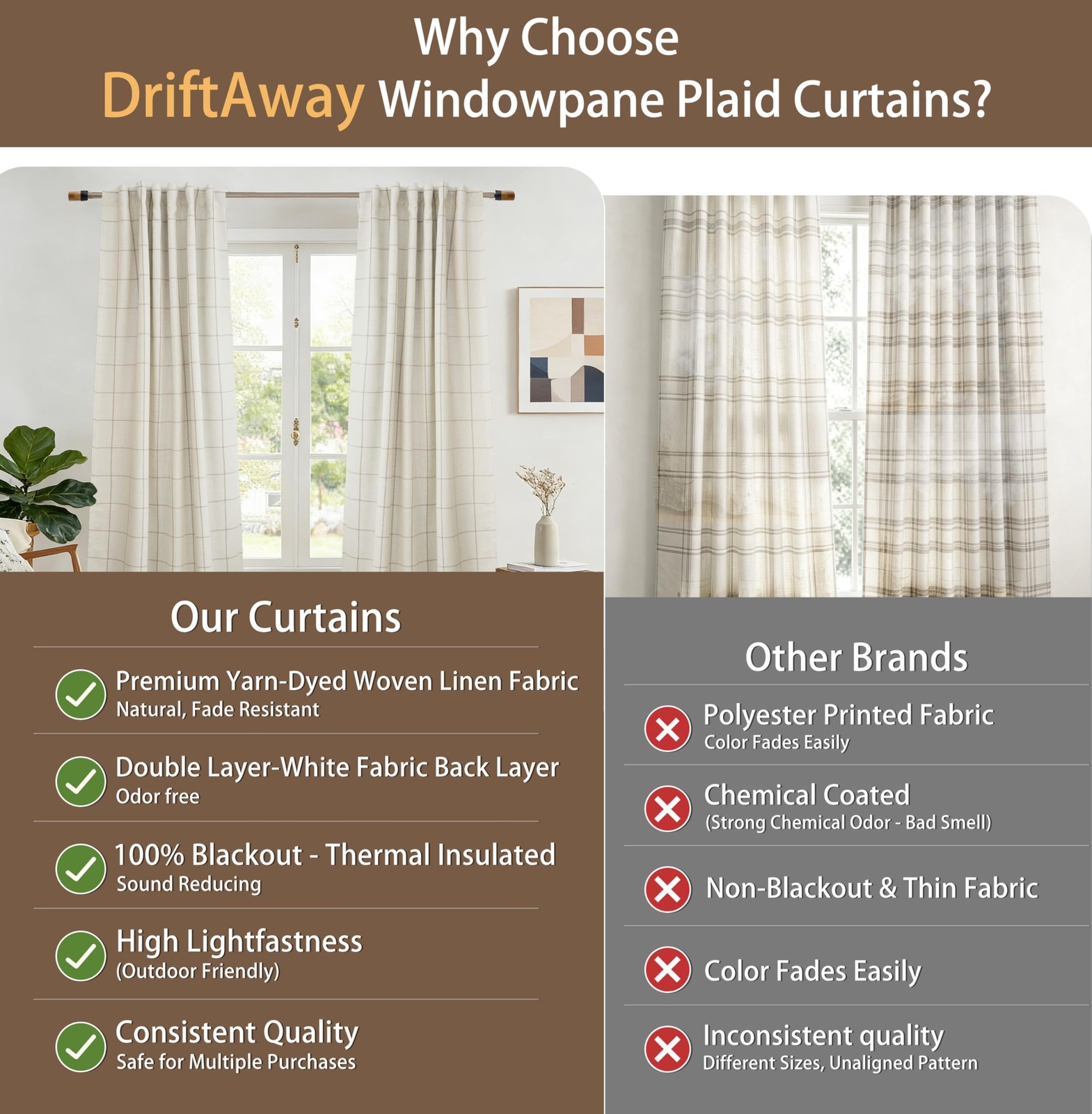 DriftAway 100% Blackout Windowpane Plaid Linen Curtains Double Layer Farmhous…