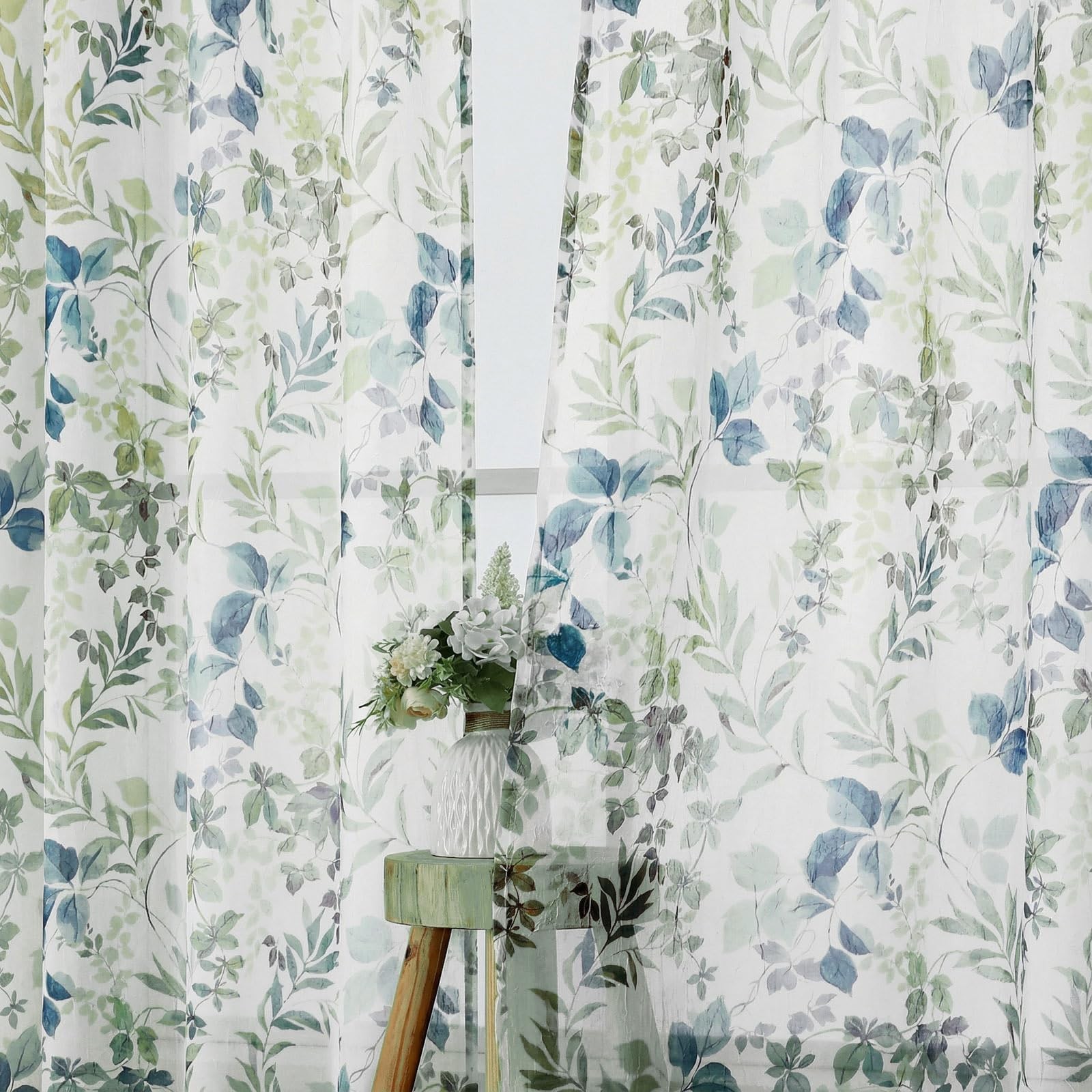 Curtains 63 Inch Length 2 Panels Set, Sheer Floral Curtians with Printed Leaves.