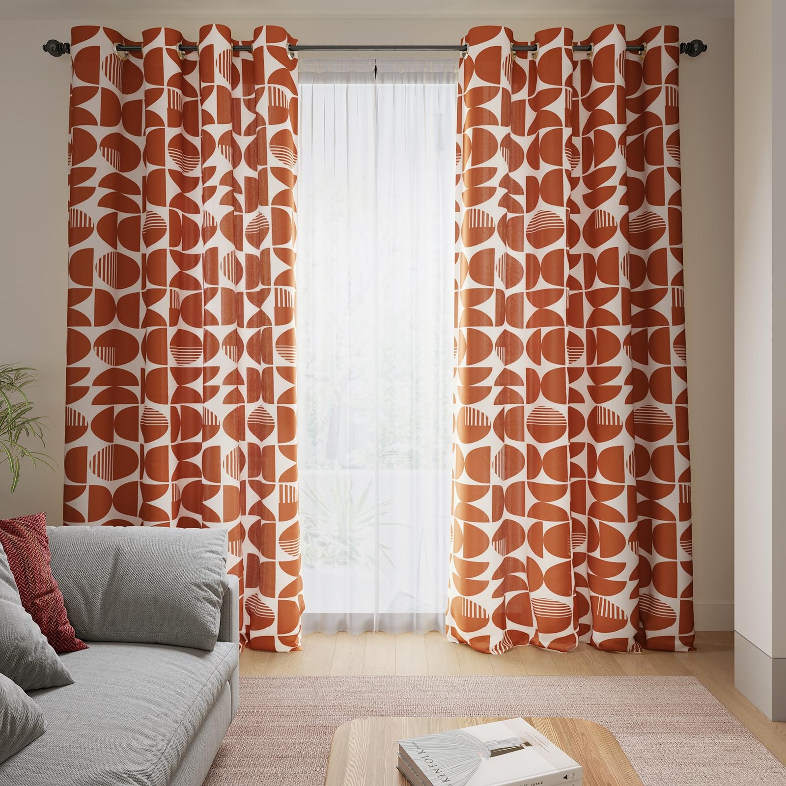 ColorBird Orange Mid-Century Modern Farmhouse Living Room Curtains, Light Fil…