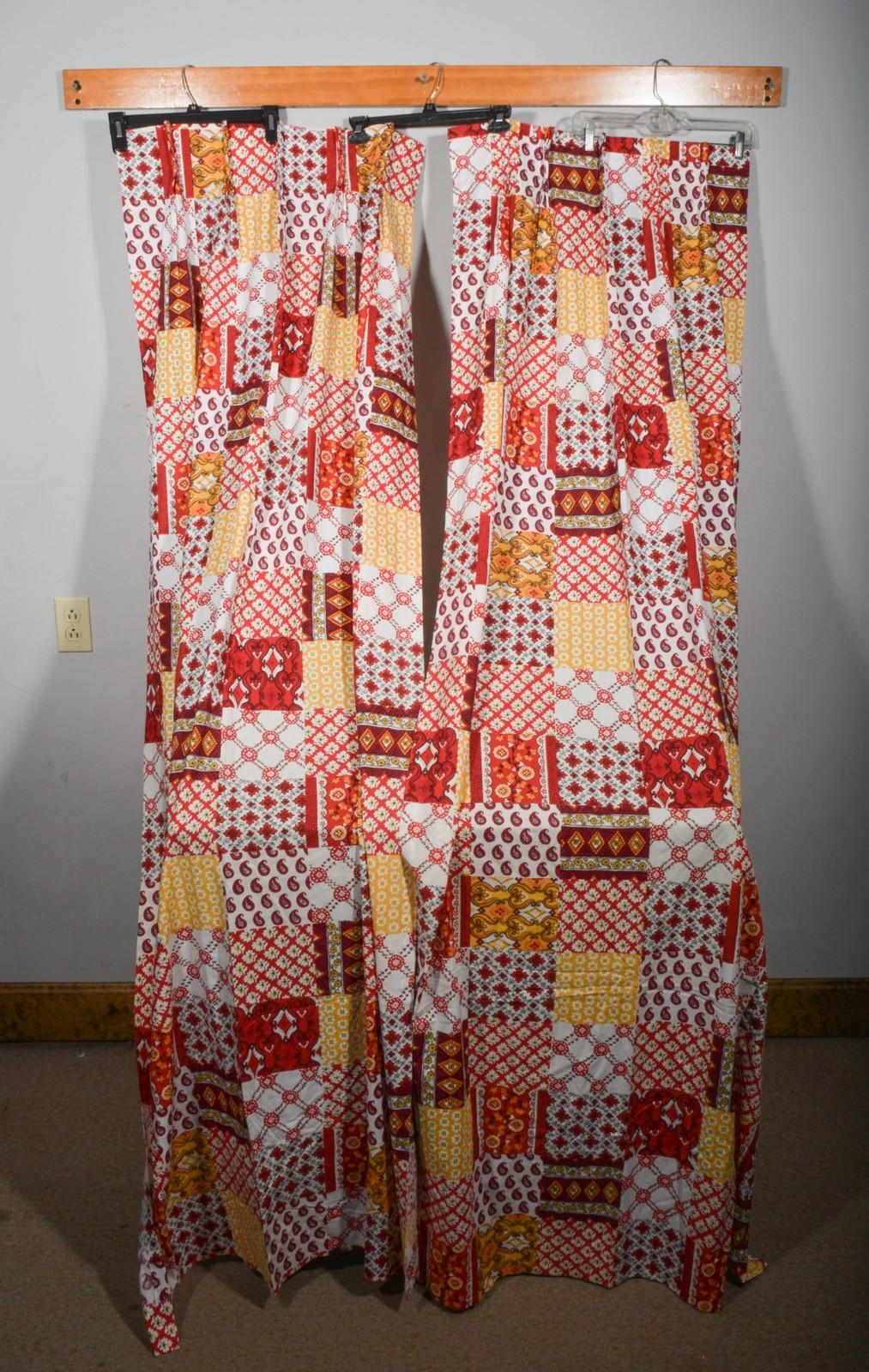 Vintage Retro Handmade Red Patchwork Print Pinch Pleat Curtain Pair 82.5″ x 39″