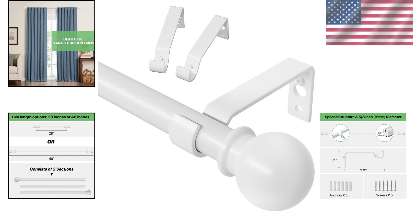 Elegant 5/8in Drapery Rod – Adjustable 28-48 inches for Bedrooms & Living Rooms