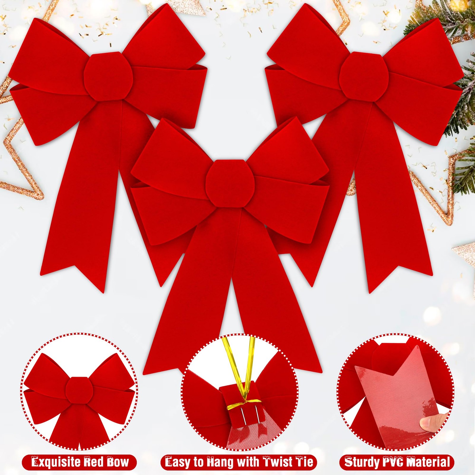 6 PCS Large Red Velvet PVC Hanging Christmas Bows, 9 x 12 Inches – Indoor/Out…