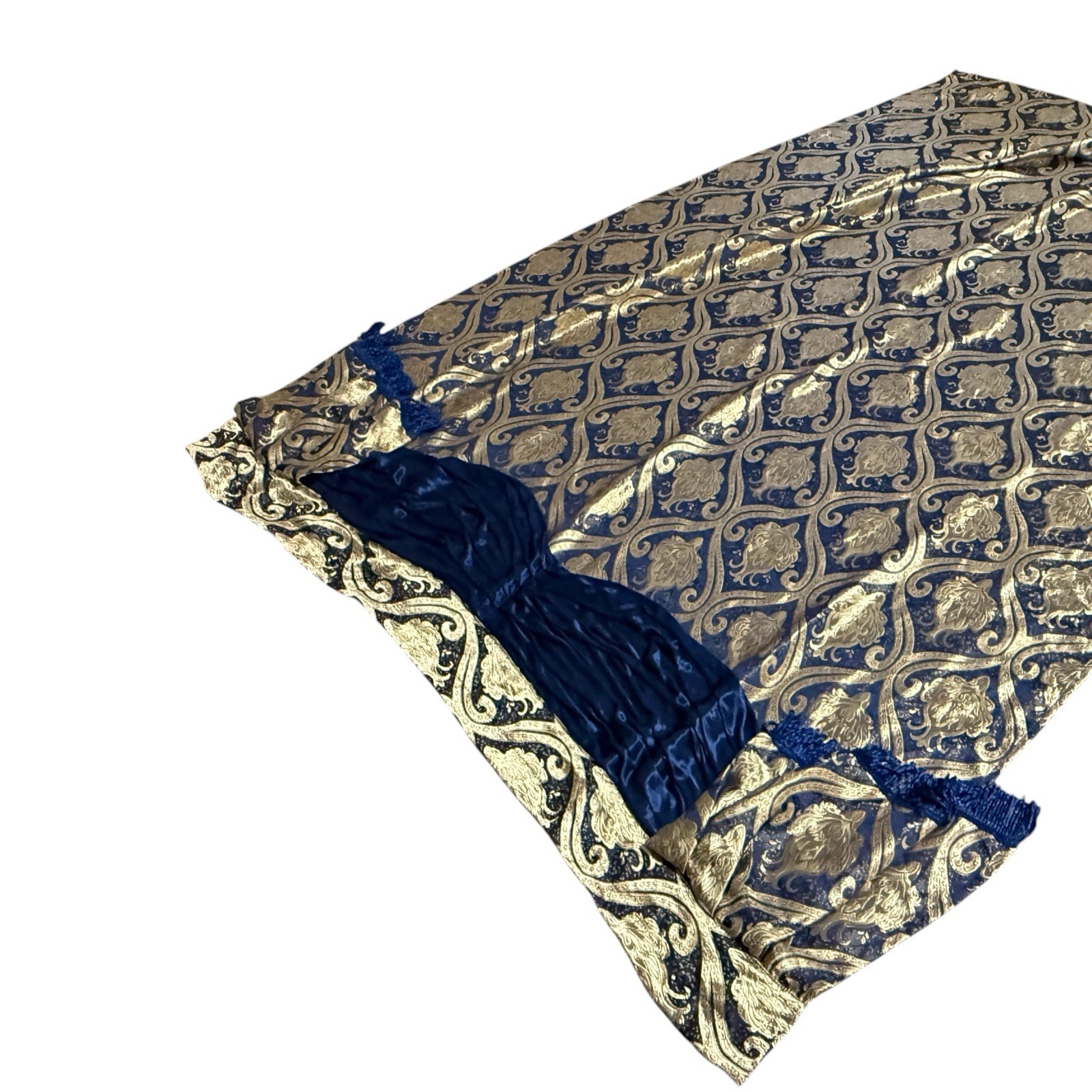 Single Gold Blue Jacuard Curtain Panel Damask Printed Attached Valance Luxury