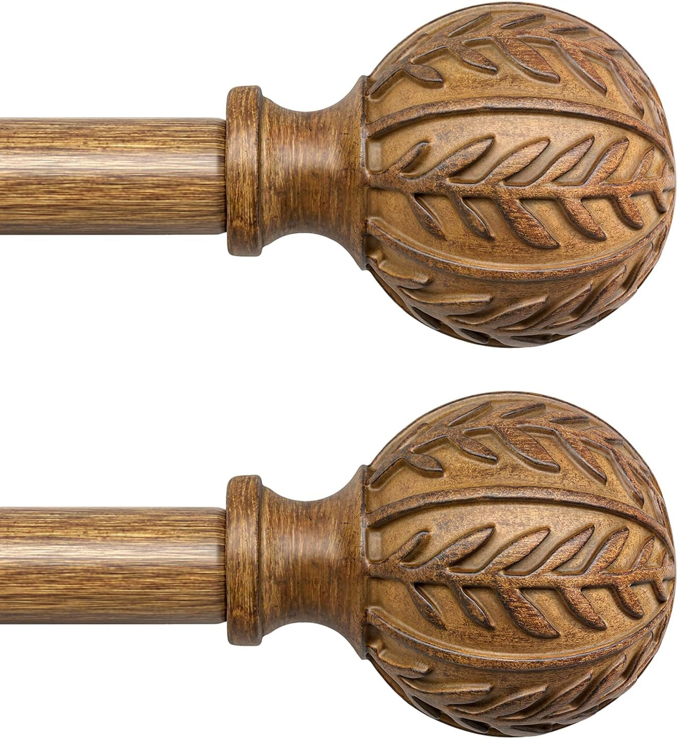 2 Pack Wood Curtain Rods for Windows 66 to 120 Inch, 1” Adjustable Decorative D