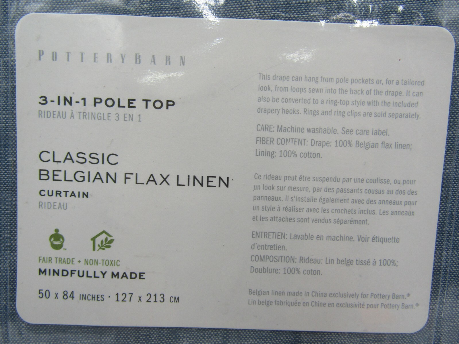 Pottery Barn Belgian Flax Curtain Cotton Lining Blue Chambray 50″x 84″ #Q3