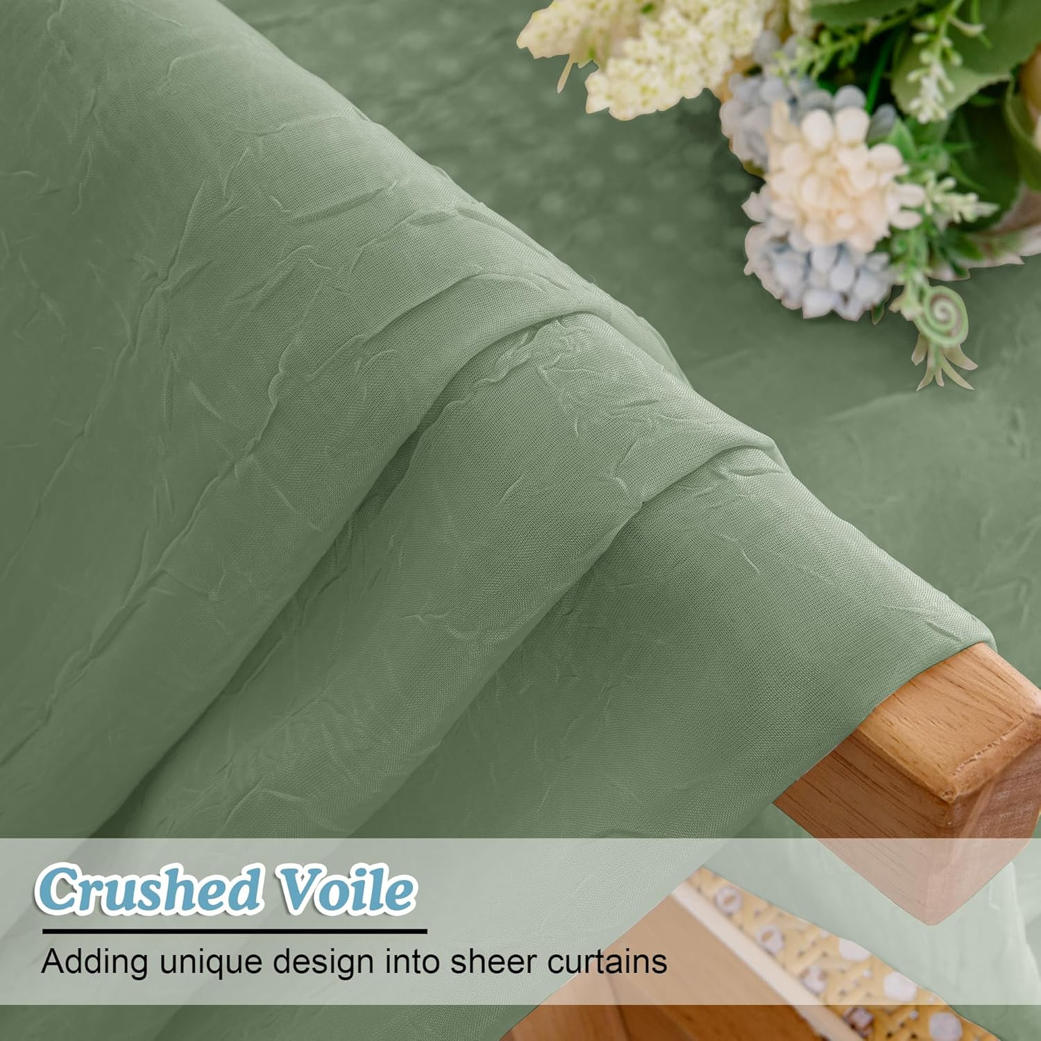 Crushed Sheer Sage Green Curtains 84 Inch Length 2 Panels, Light Filtering Solid