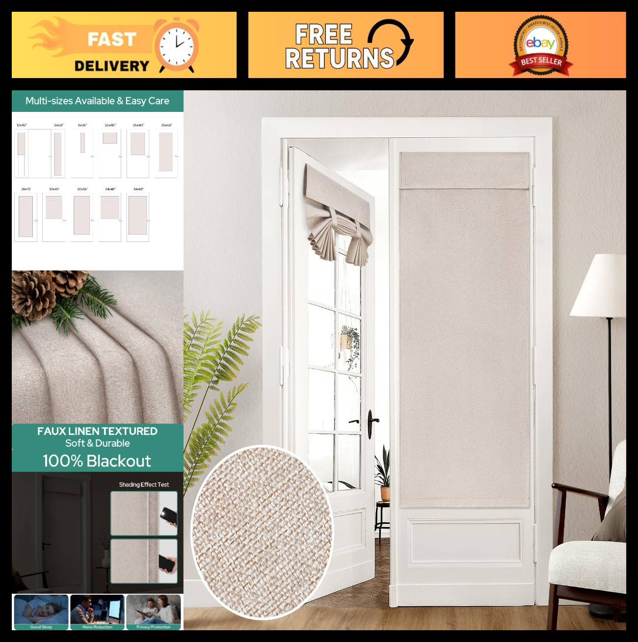 Natural Linen Blackout Curtains for French Doors, 30×68 Inch Room Darkening Shad