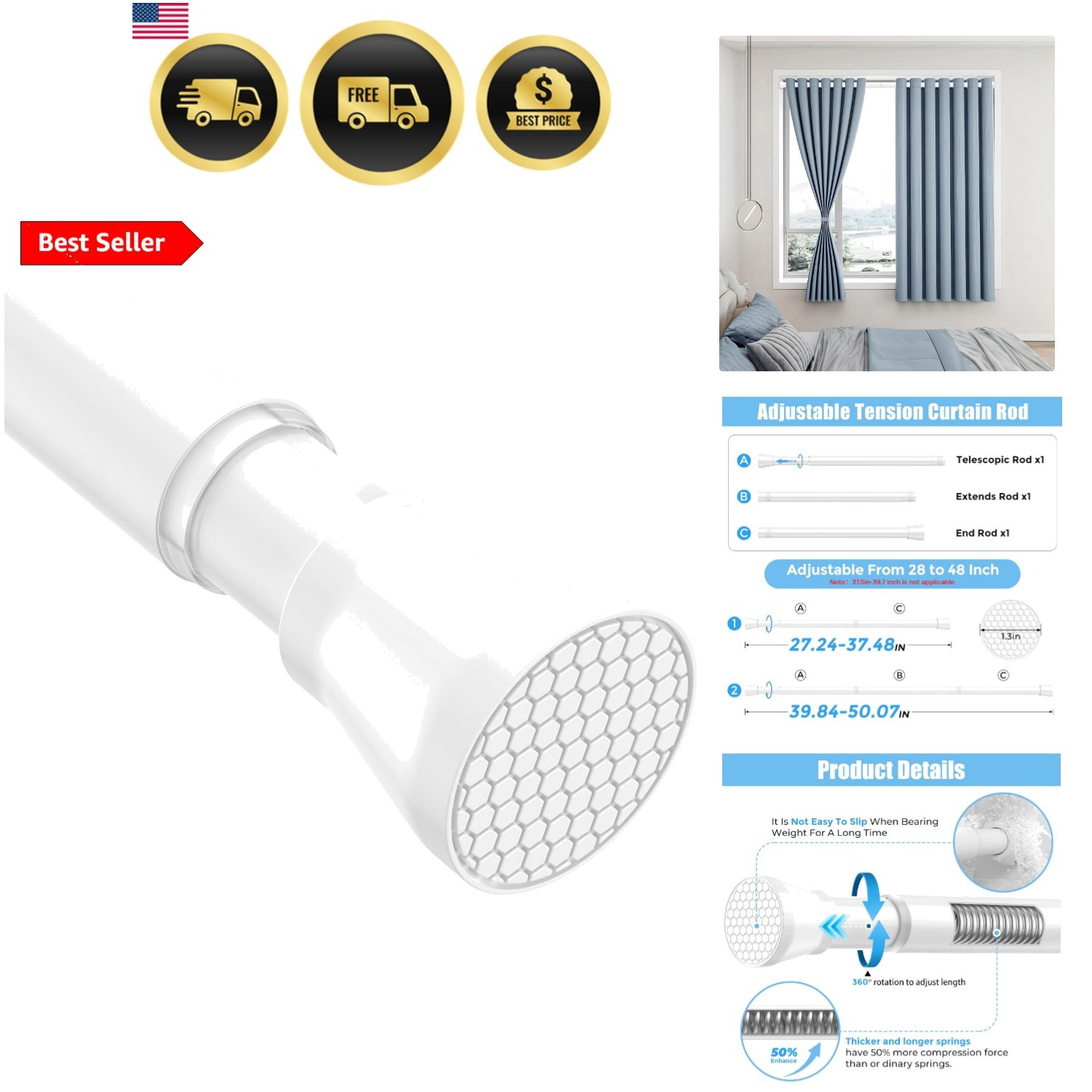 Tension Curtain Rod Adjustable Spring Tension Rods for Windows 28 to 48 Inch,…