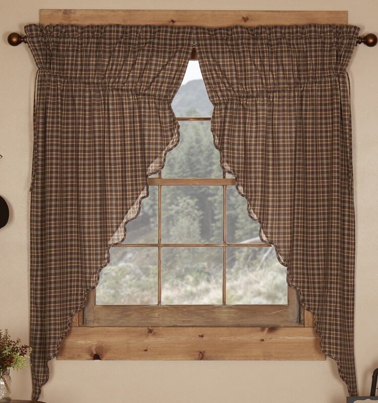 Country Drawstring Prairie Curtain Set Brown Cotton Plaid 63″ L x 72″ W Prescott