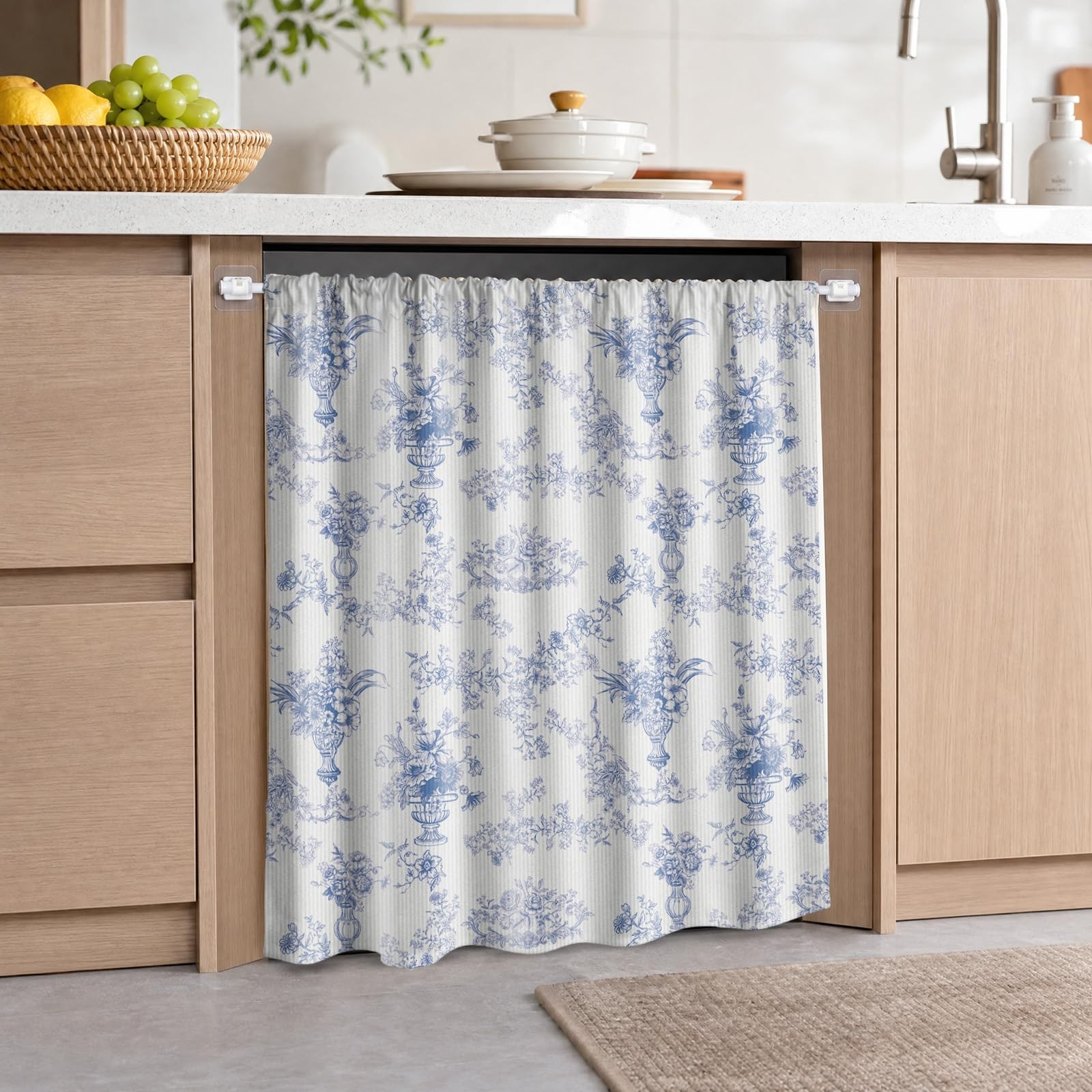 Dishwasher Curtain Cover Set, 39 x 35 Inch Blue Floral Cabinet Curtain with T…