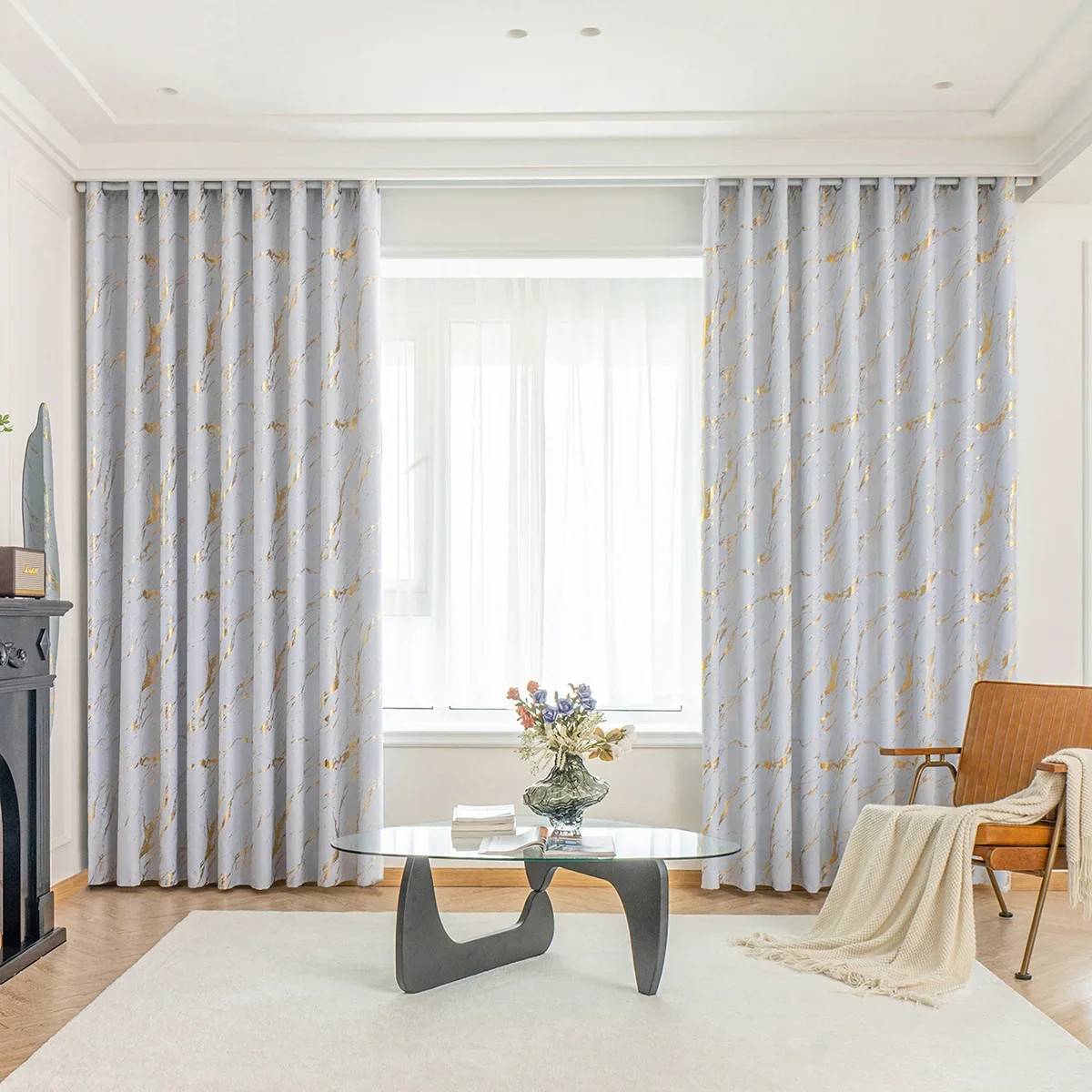 Luxury Marble Pattern Curtain 1 Panel with Gold Foil Design for Living Room