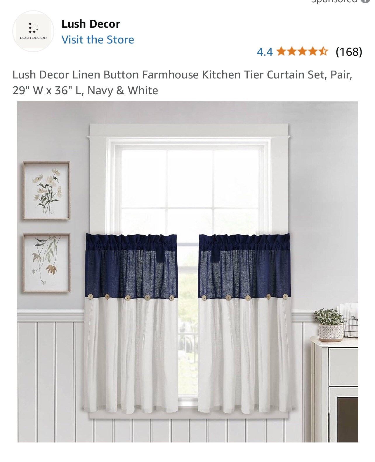 Lush Décor Two Kitchen Tiers Linen Button 29x36in Each Navy
