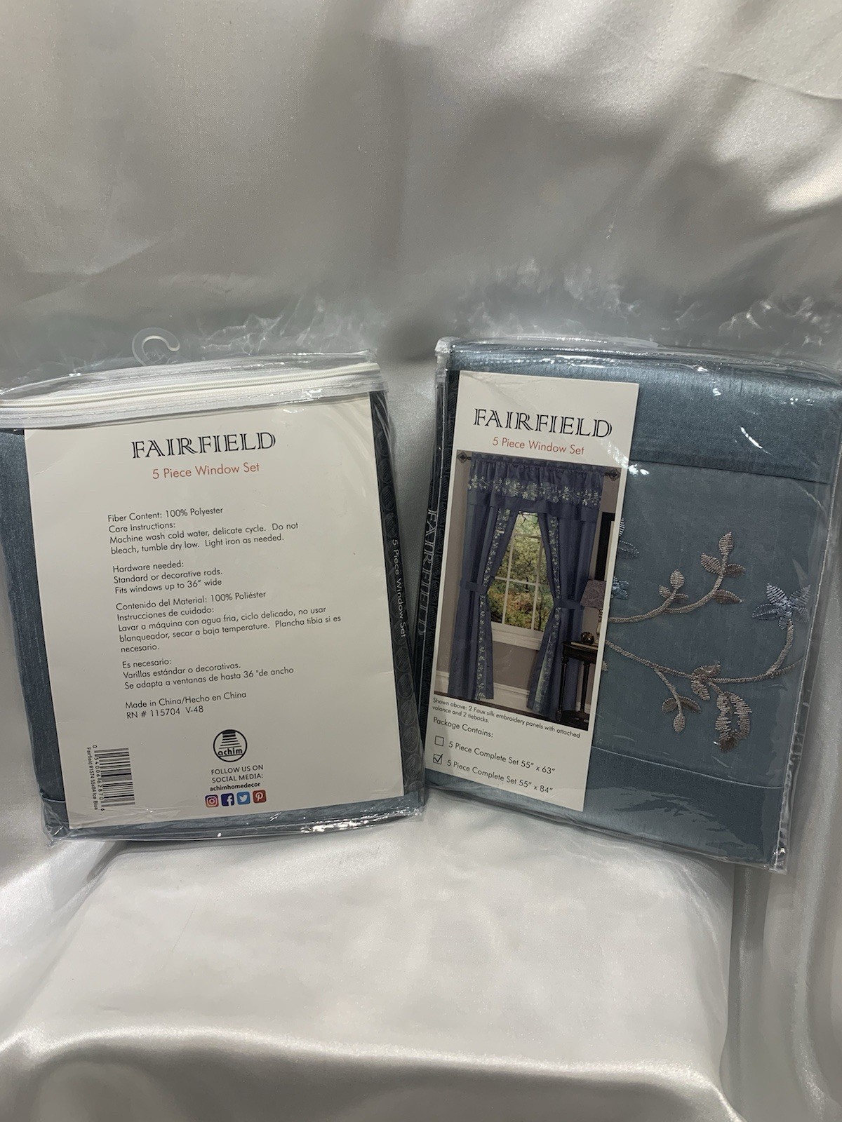 TWO SETS Fairfield Complete 5-Piece Embroidered Panel, Valance & Tieback Set