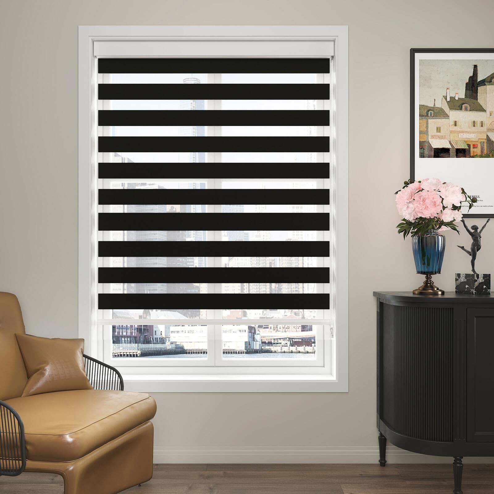 Zebra Roller Window Shades 34″ W x 72″ H Black Corded