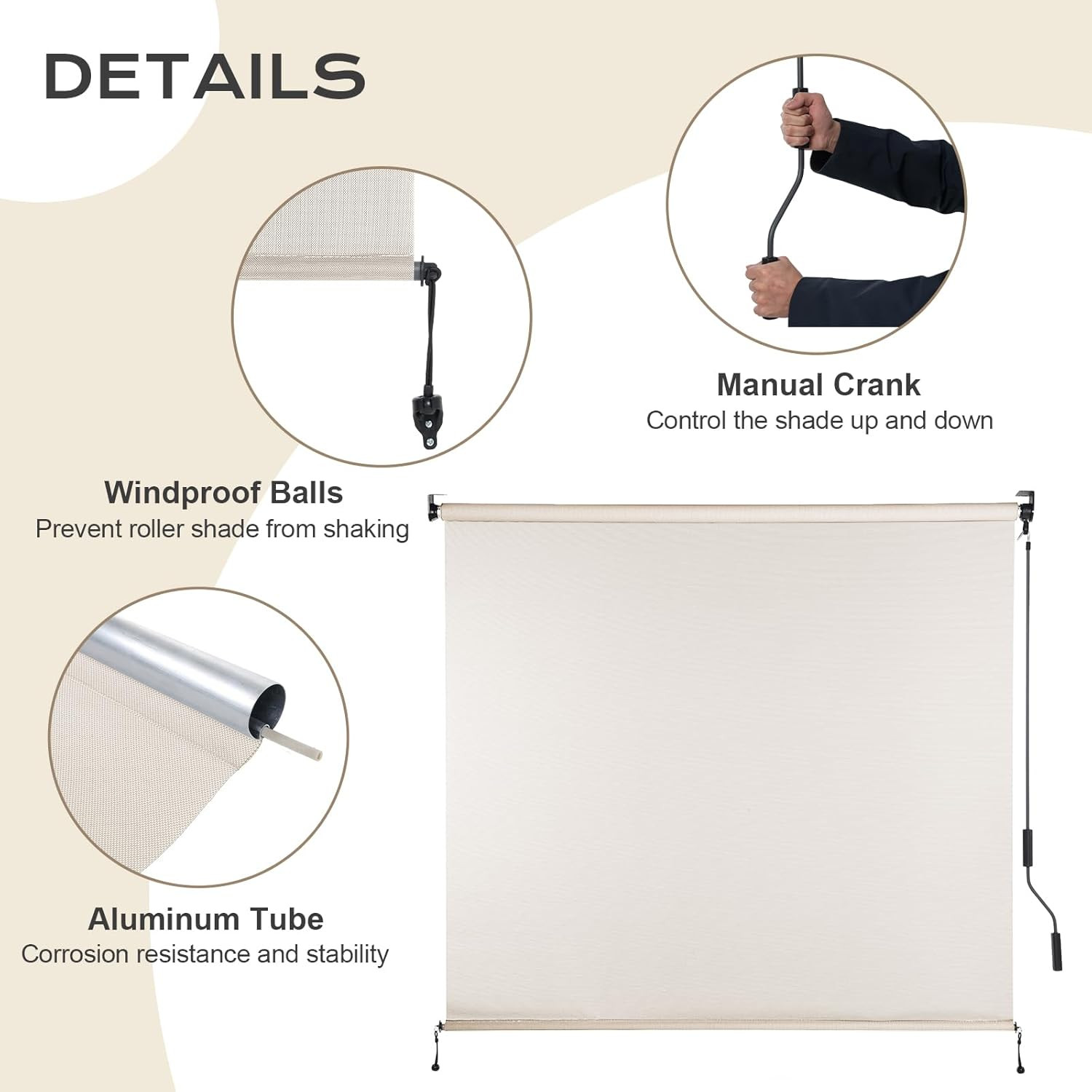 Aoodor 5% Openness Cordless Solar Fabric Roller Shade, 5’W X 8’H Sun Shade for O