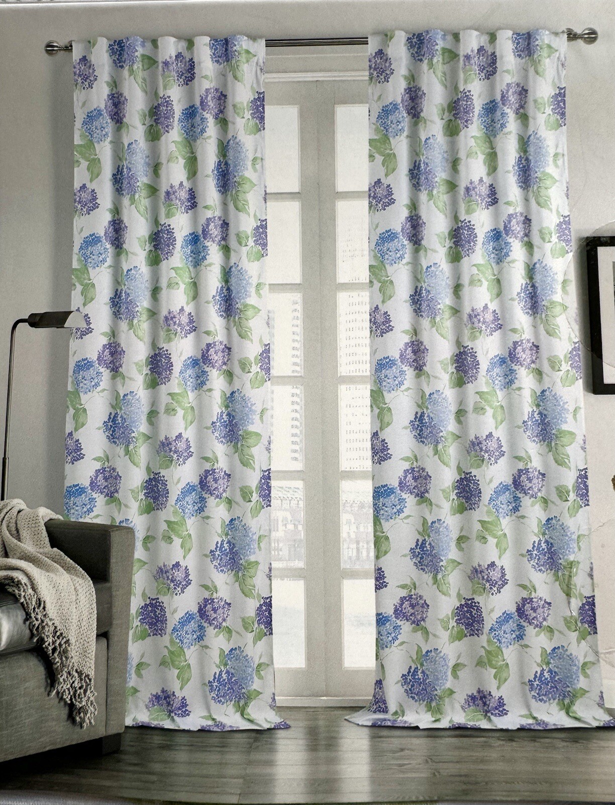Blue Hydrangea Floral Curtain Panels Drapery Set Pair 84” Cottagecore Farmhouse