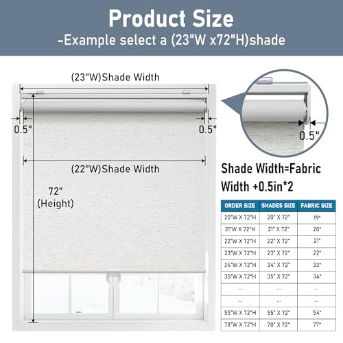 Cordless Roller Shades Blackout Blinds for Windows Room 23″W x 72″H Linen Cream