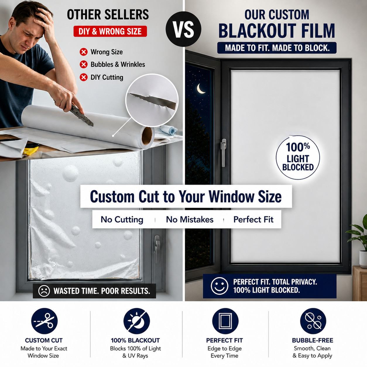 Custom Size Blackout Privacy Window Film Static Cling No Glue Removable Vinyl